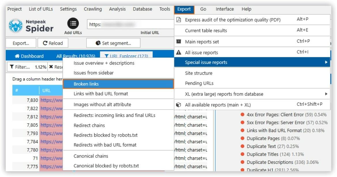 Broken links report in Netpeak Spider