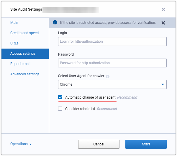 site audit settings