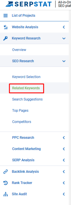 Related keywords in Serpstat