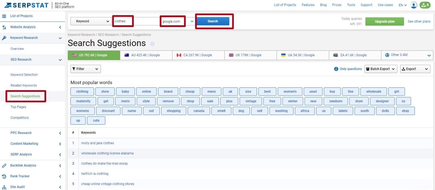 Serpstat's Search suggestions