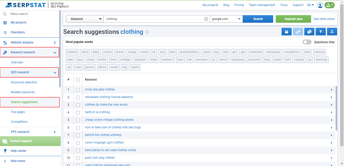 Serpstat's Search suggestions