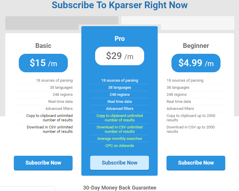 kparser pricing and tariffs