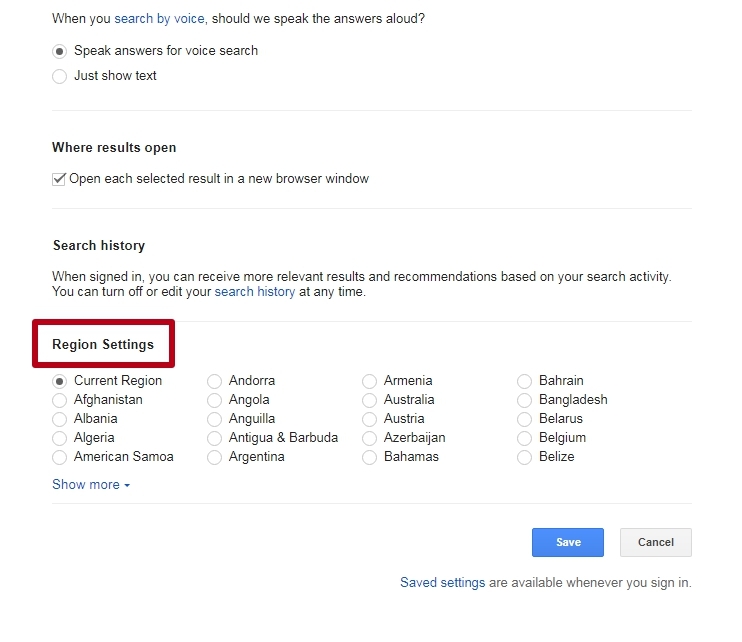 Google Search Region