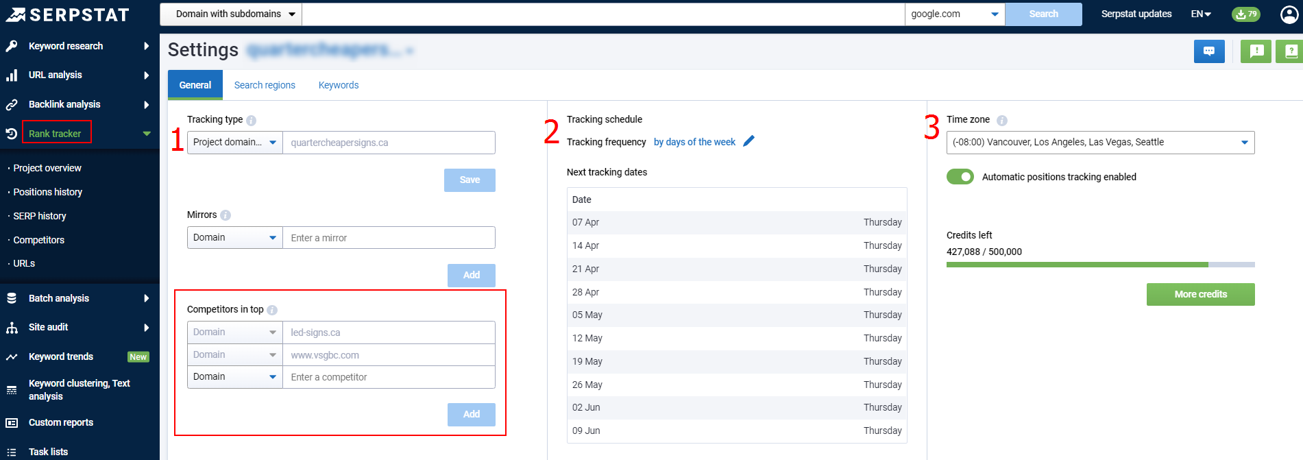 Serpstat Rank Tracker Settings