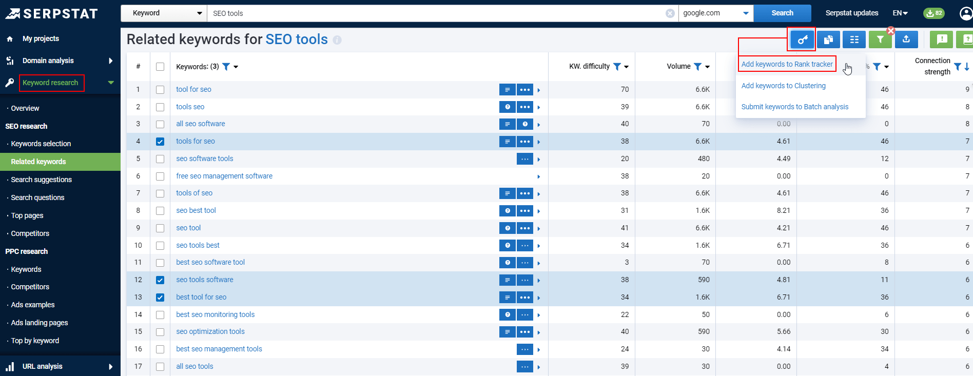 Transferring keywords from Serpstat Keyword Research tool to Rank Tracker