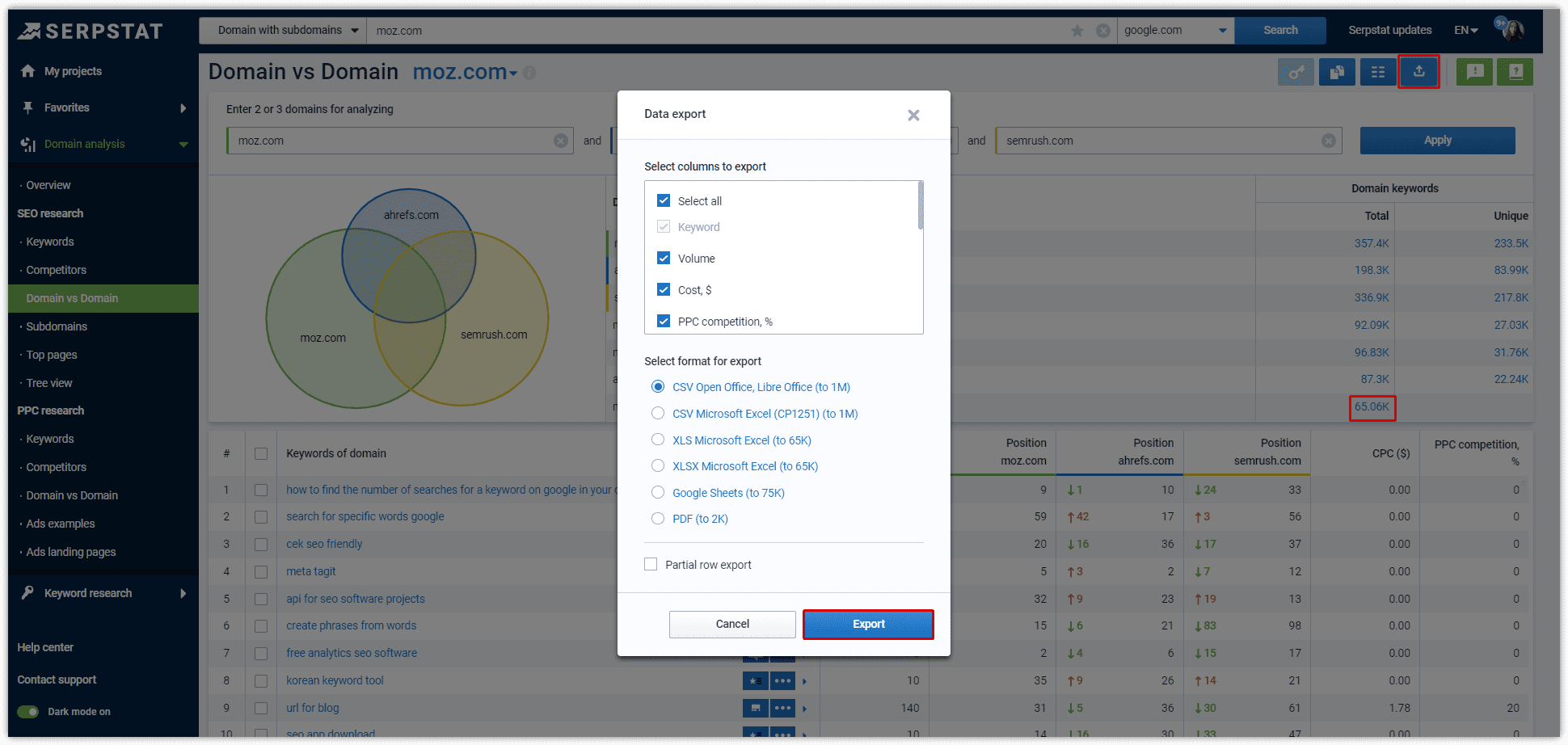 Serpstat Domain Analysis: Domain vs. Domain. Export