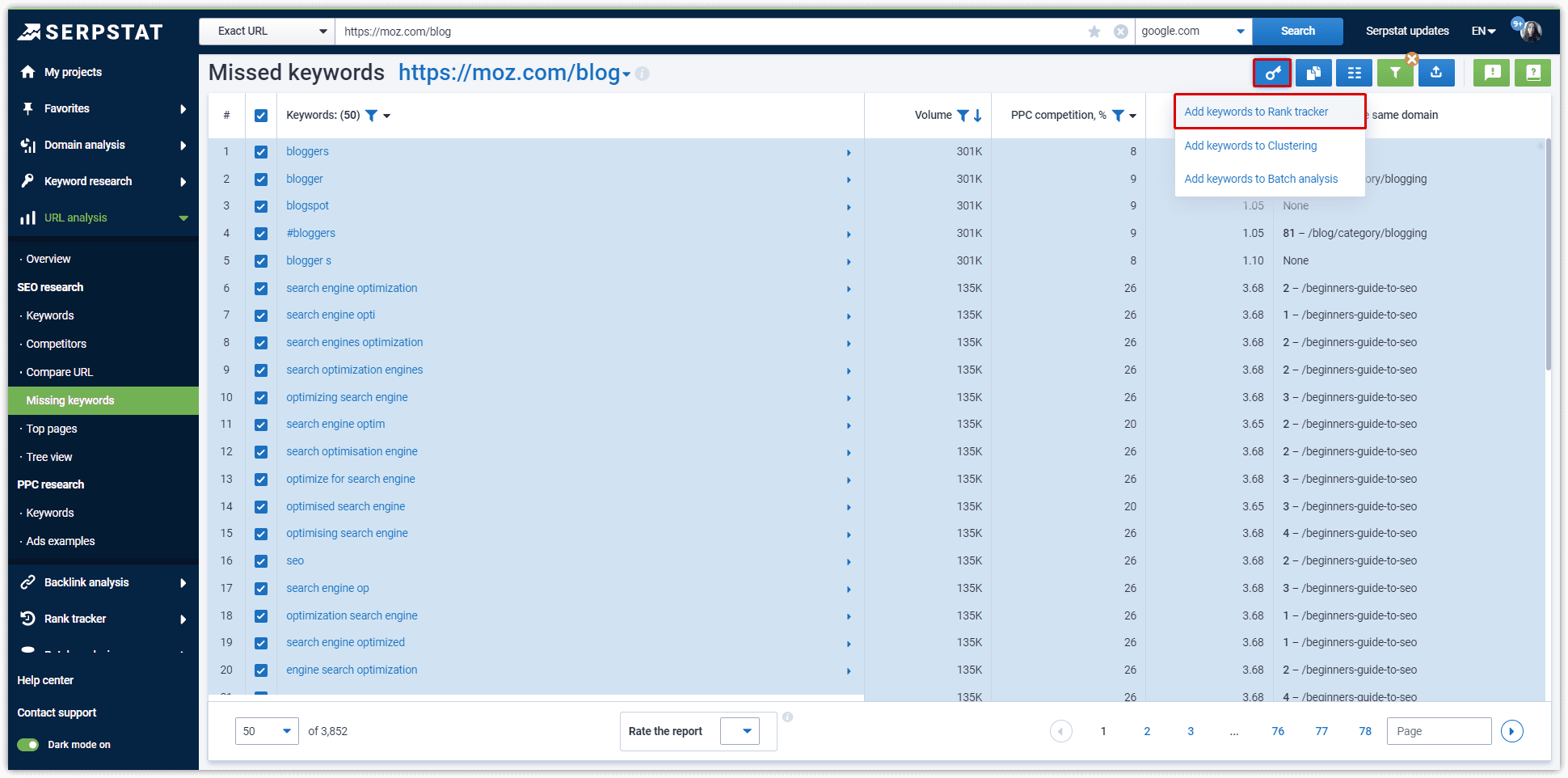 Transferring keywords from Serpstat Keyword Research tool to Rank Tracker