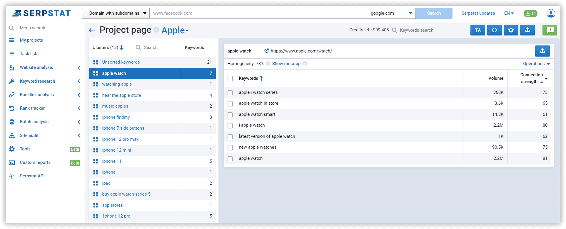 Example of a project for clustering keywords in Serpstat