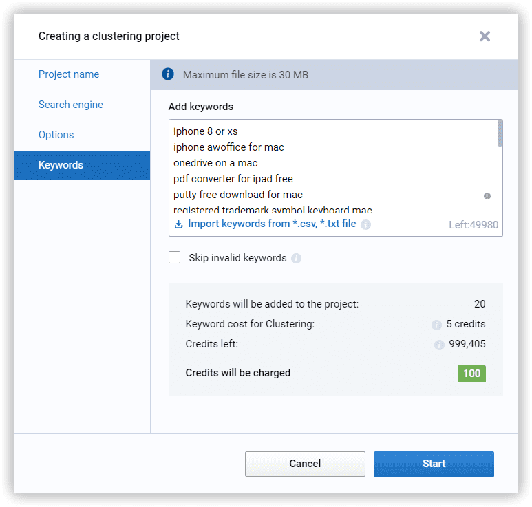 Add keywords and start custering