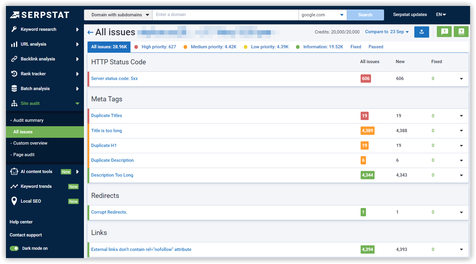 Serpstat Site Audit tool: Audit results, list technical issues on a website