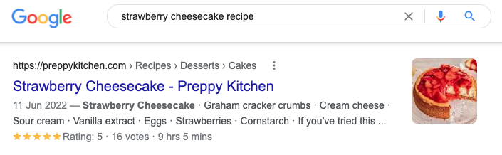 strawberry cheesecake recipe: example typed in the Google search bar