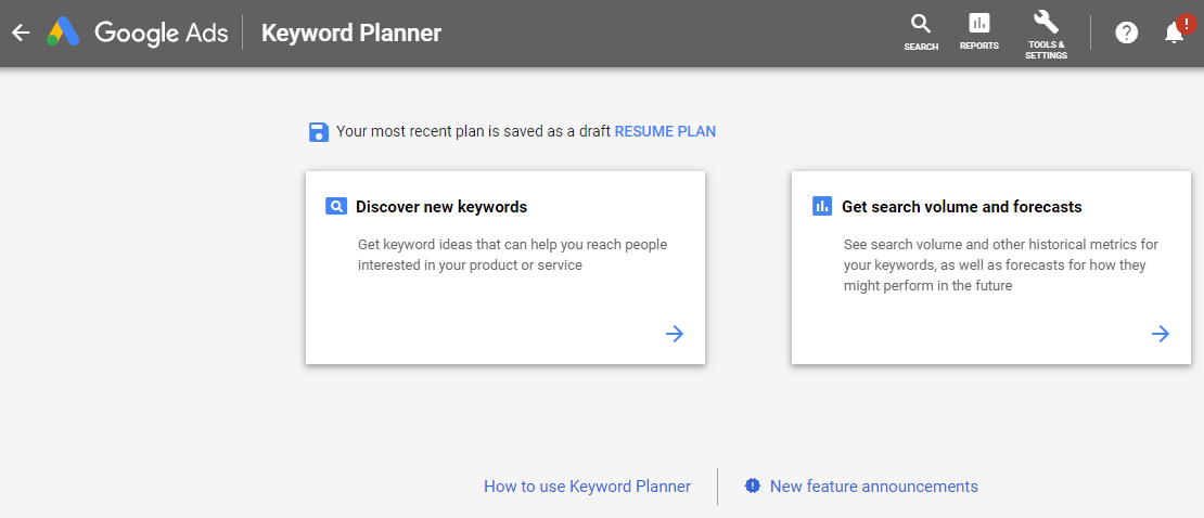 Search for keywords in the Google Ads Keyword Planner