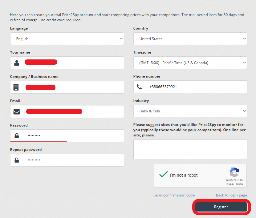 Registration in Price2Spy monitoring service