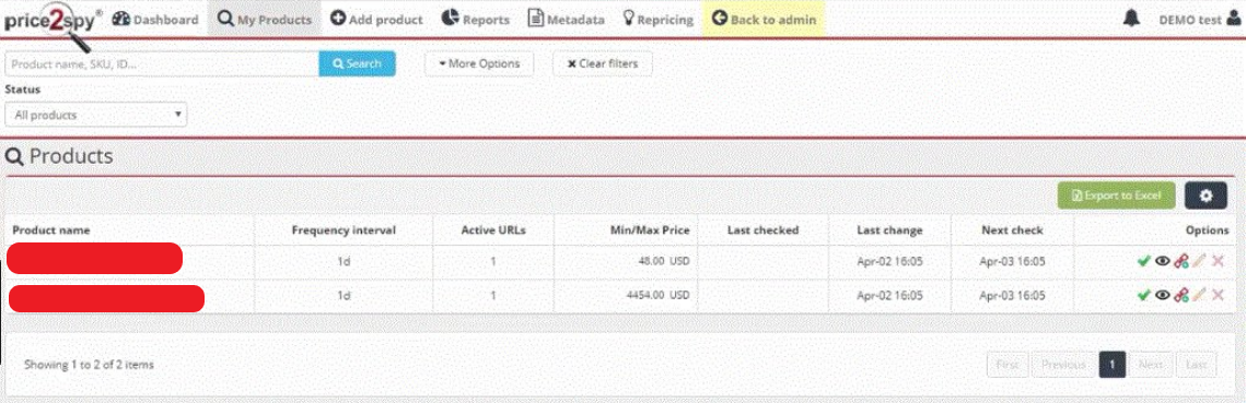 Competitors' prices report in Price2Spy