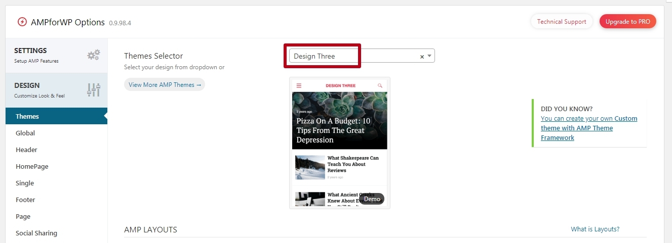 Selecting a theme in the AMP plugin for WP
