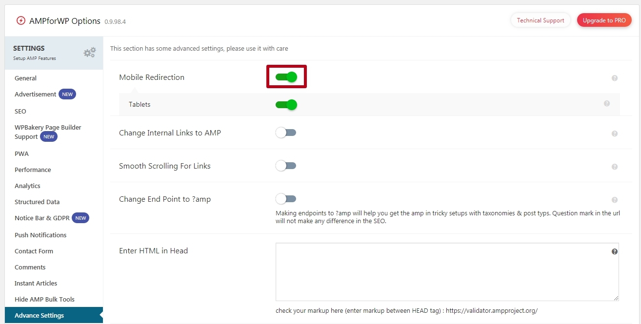 Redirecting to the mobile version in the AMP plugin for WP