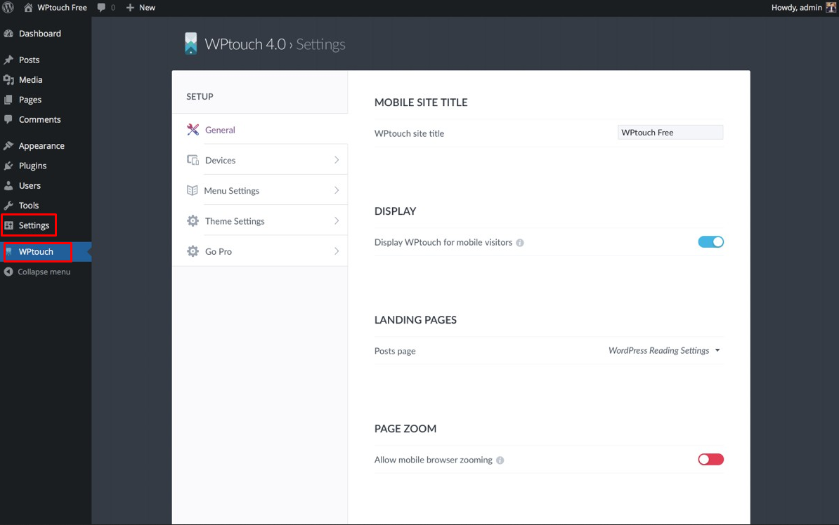 WPtouch plugin activation