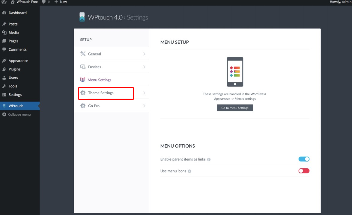 Configure themes in the WPtouch plugin