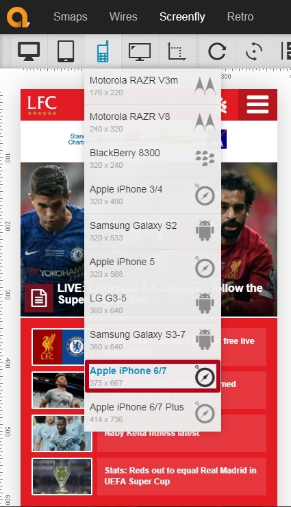 Choosing the type of device to view the site in Screenfly
