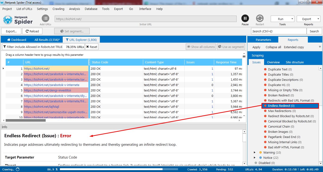 Endless redirect in Netpeak Spider