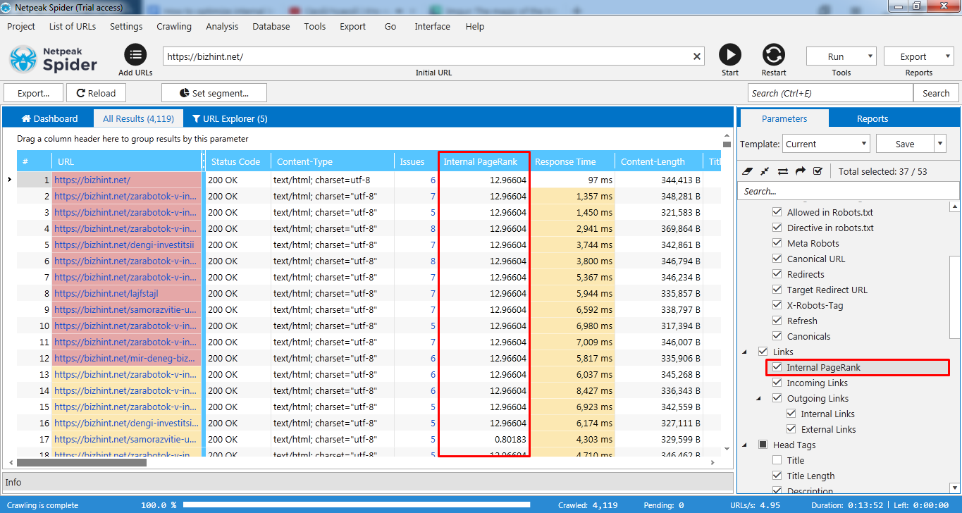 Netpeak Spider internal Page Rank