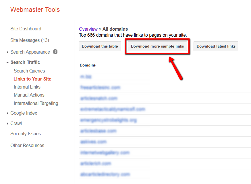 Download sample links to the site in Google Search Console