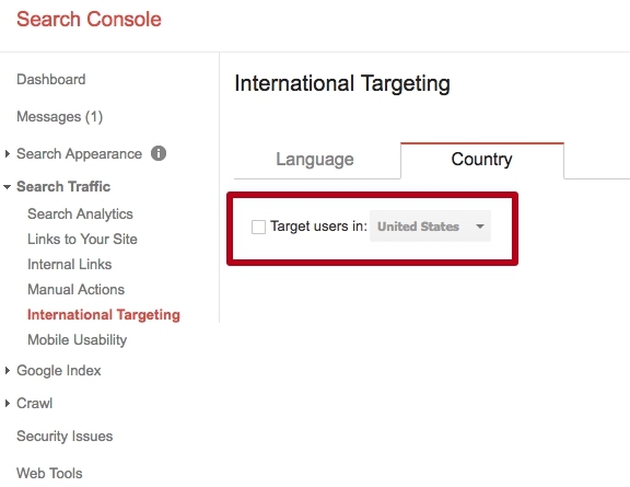 Select targeting in the Google Search Console