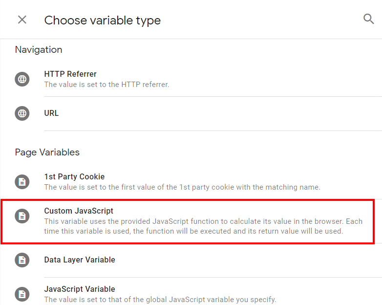 Variable types in Google Tag Manager