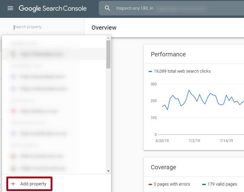 Google Search Console main page