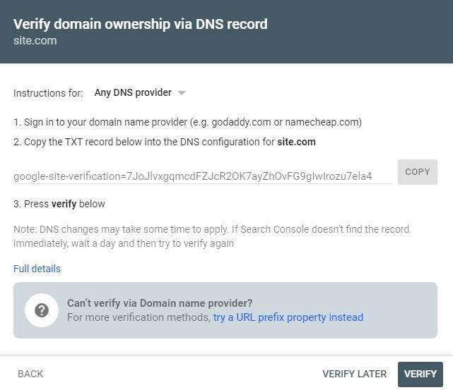 Verify domain ownership in Search Console