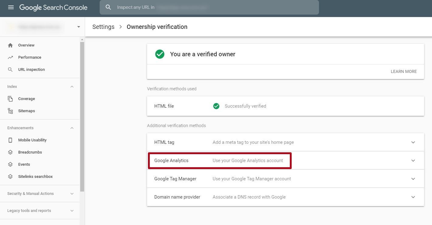 Ownership verification using Google Analytics account