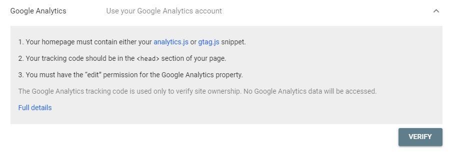 Ownership verification via Google Analytics