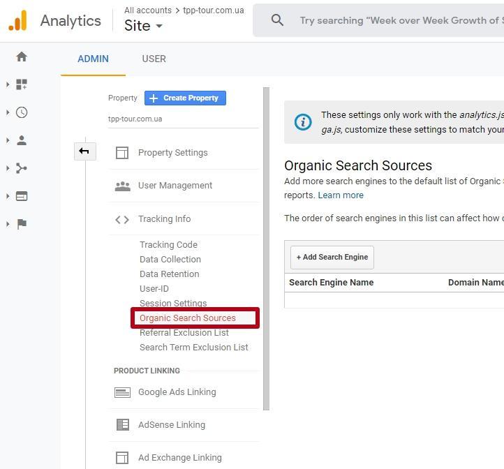 Organic search sources at Google Analytics