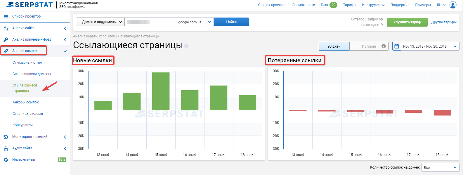 Новые и потерянные ссылки в Serpstat