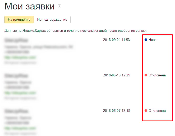 Заявки на добавление в Яндекс.Справочник