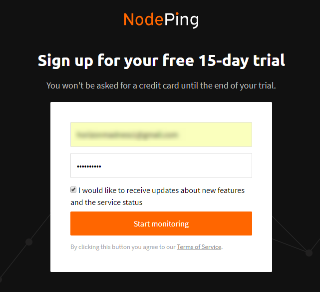 Регистрация в Nodeping