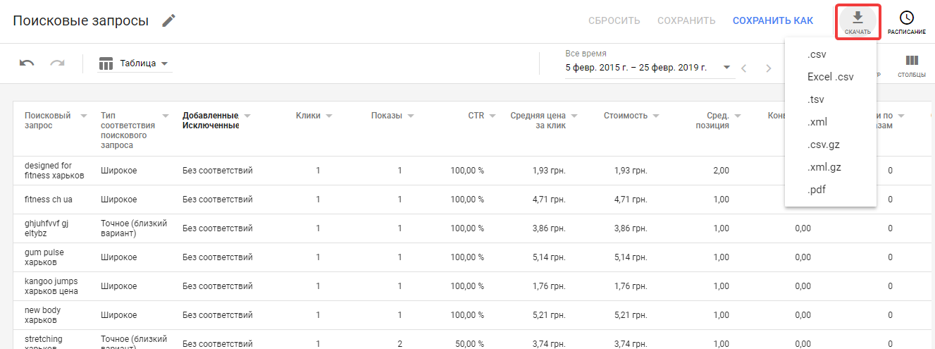 Экспорт поисковых запросов из Google Adwords