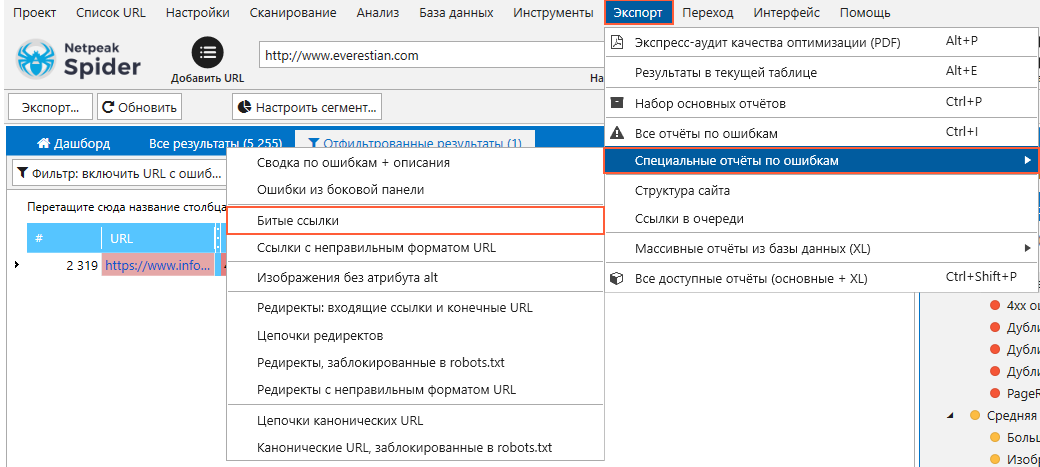 Отчет об ошибках сайта в Netpeak Spider