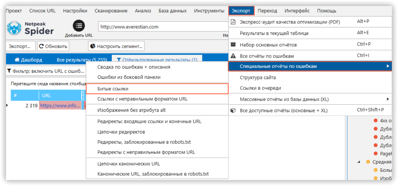 Отчет об ошибках сайта в Netpeak Spider