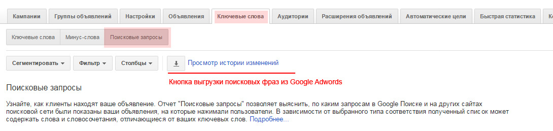Как посмотреть поисковые запросы в Google Adwords