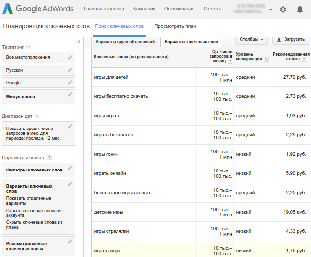 Расширение списка ключевиков в Google Adwords