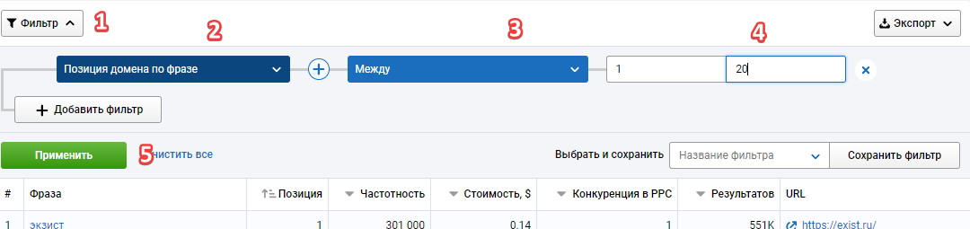 Настройка фильтра Позиции домена по фразе