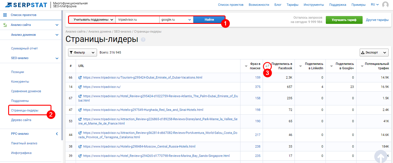 В Serpstat анализируем страницы-лидеры конкурентов