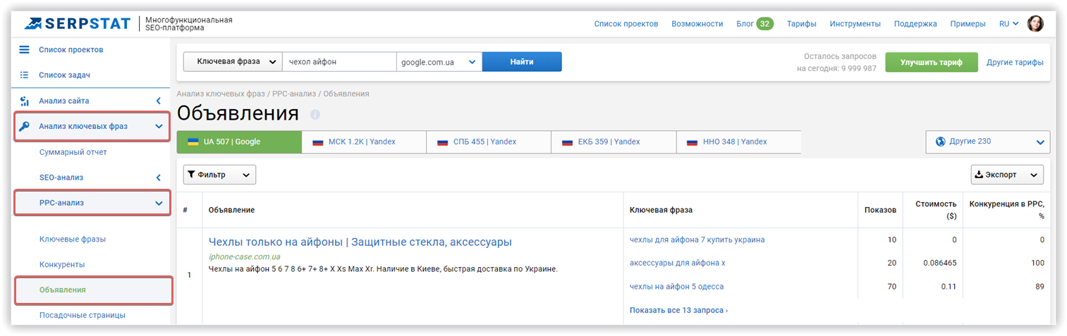 Serpstat анализ объявлений конкурентов