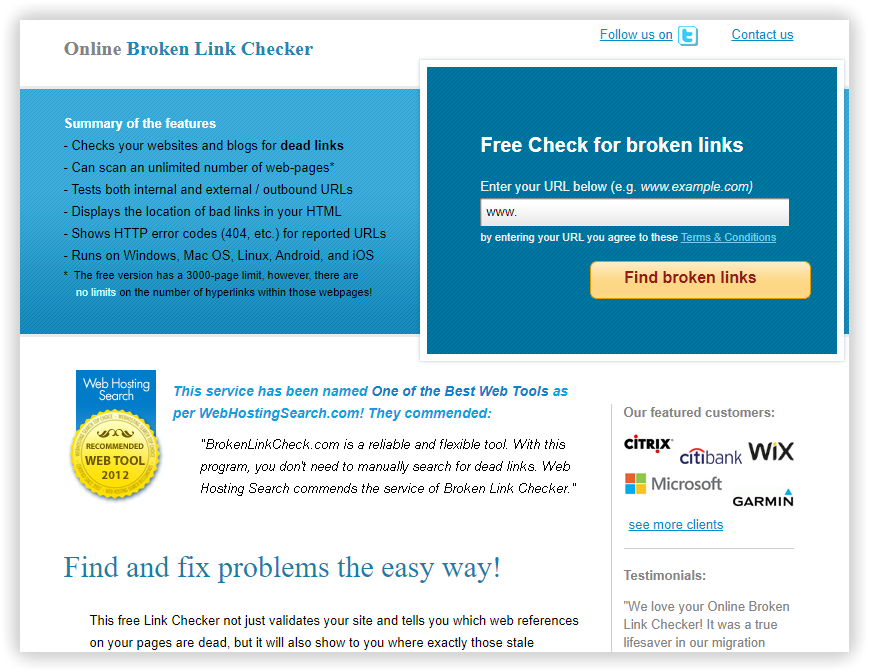 Интерфейс онлайн-сервиса Online Broken Link Checker