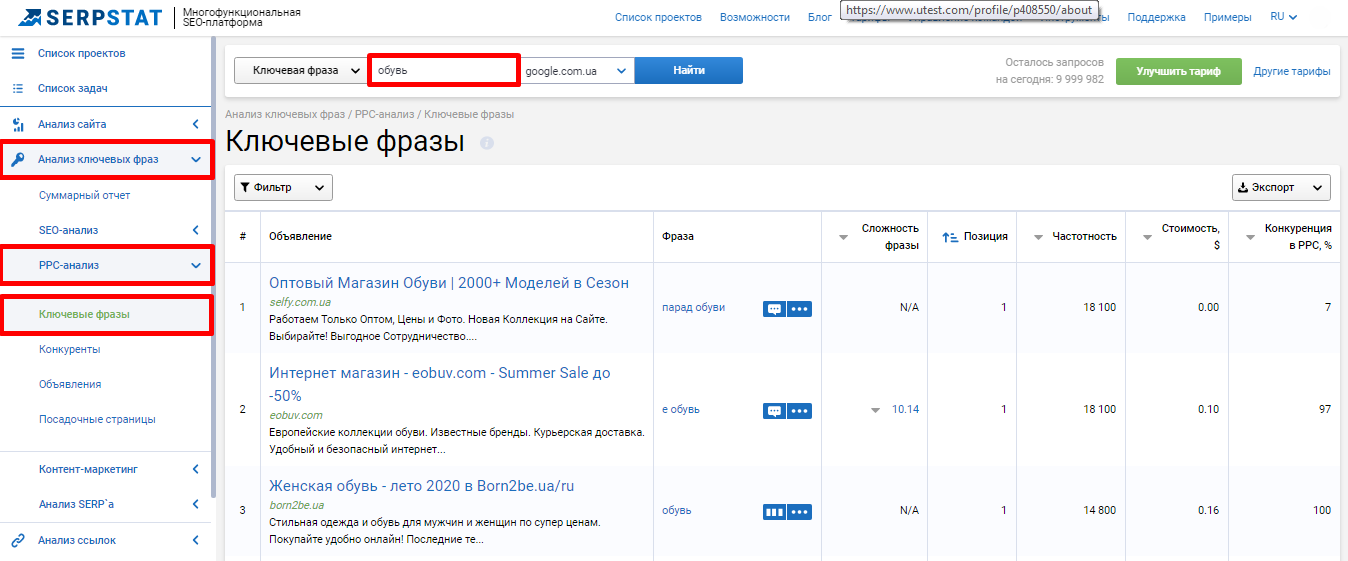 PPC-анализ ключевых фраз в Serpstat