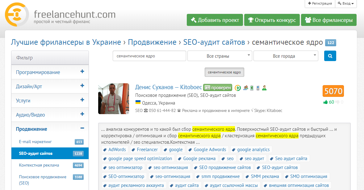 Услуга сбора семантического ядра на Freelancehunt