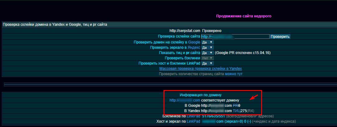 Информация по домену в Xseo