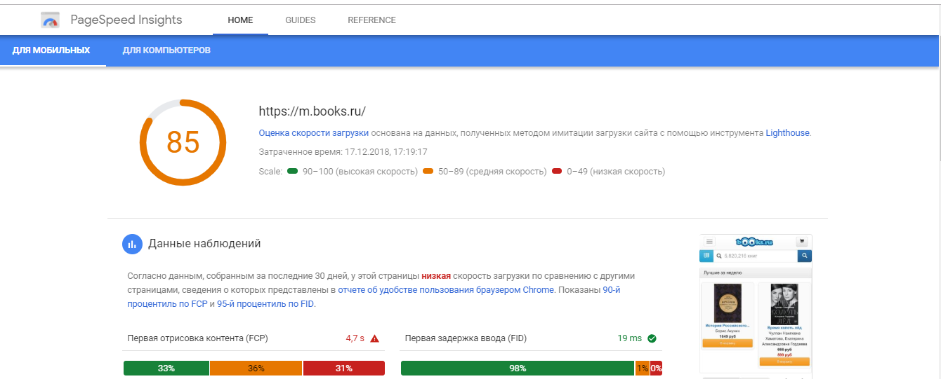 Оценка скорости загрузки страниц в Google PageSpeed Insights