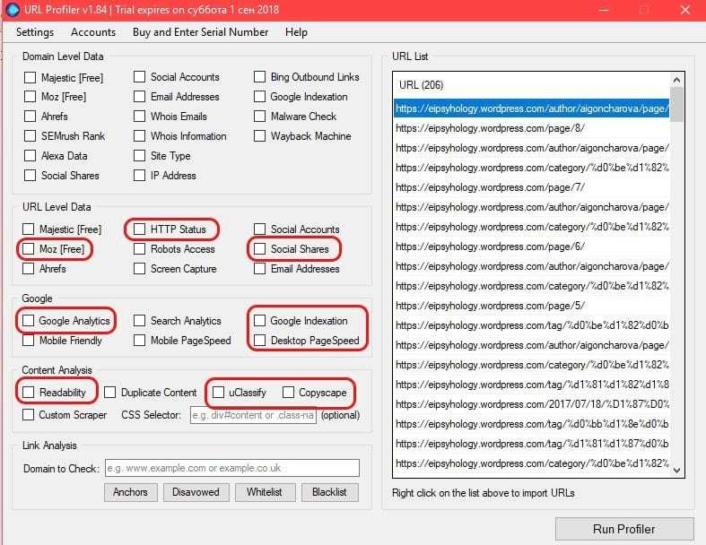 Пакетный анализ страниц в URL Profiler